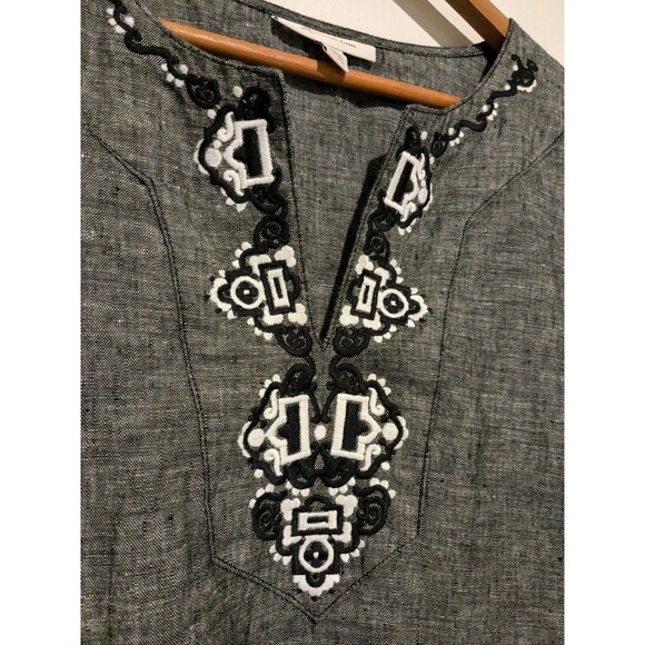 JM Collection Black Crossweave Notch Neck Linen Tunic 14 L Embroidery L/S - Picture 2 of 5